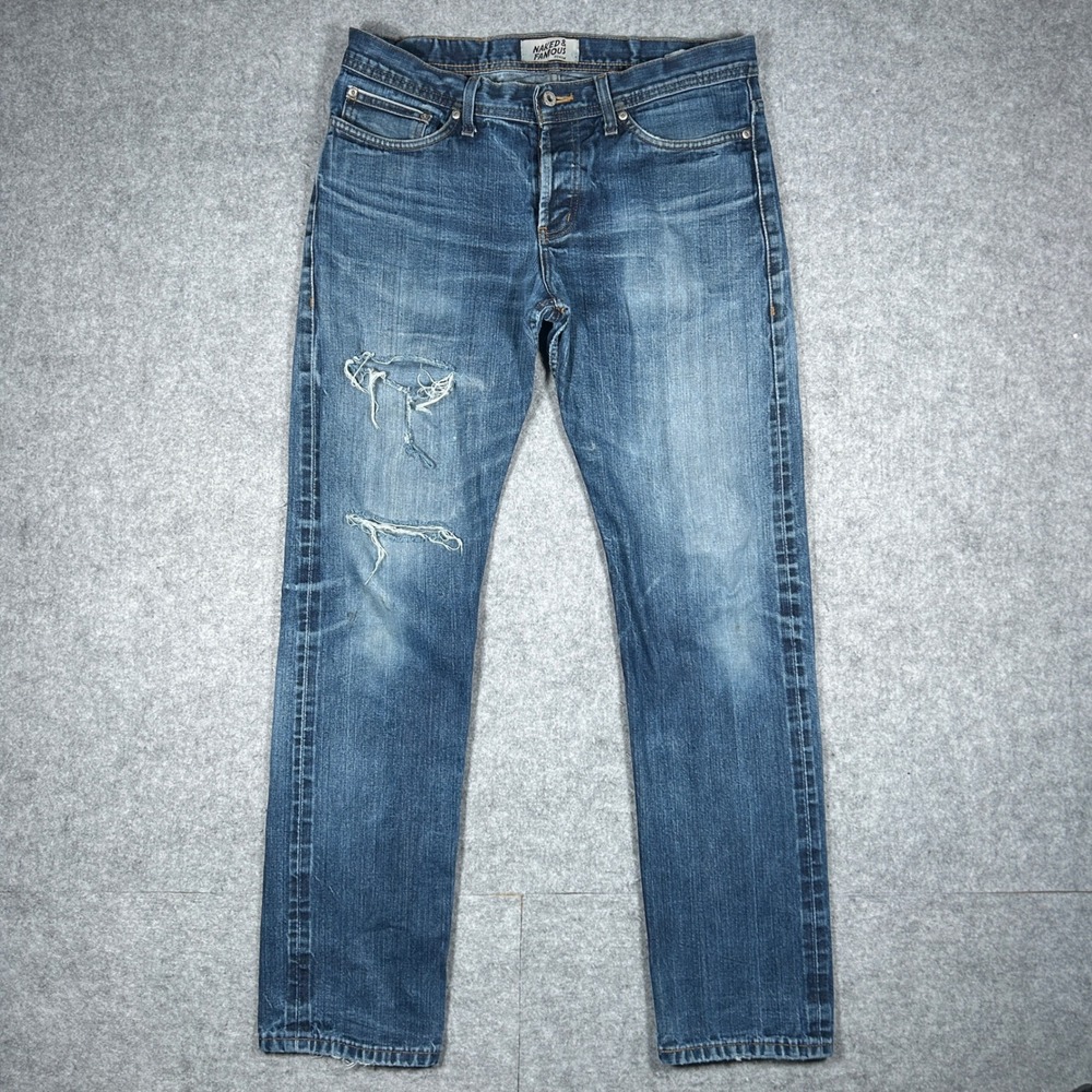 Naked & Famous Denim Mens 34 Blue WeirdGuy Left Hand Twill Selvedge Distressed